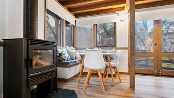 TV, fireplace, books