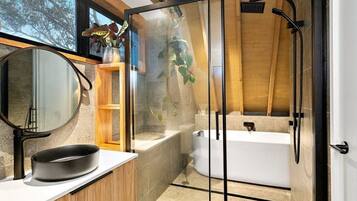 Shower, towels, soap, toilet paper