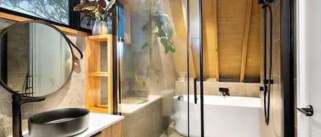 Shower, towels, soap, toilet paper