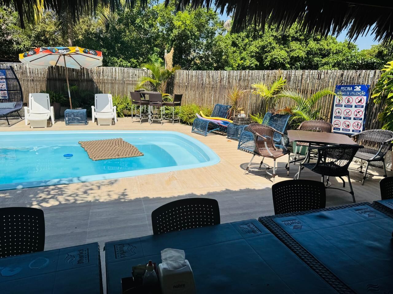 A backyard with a swimming pool, lounge chairs, and a wooden fence.