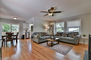 Smart TV, fireplace, books