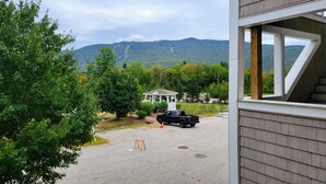 A view of a house with a covered porch, a truck parked in the driveway, and a mountainous landscape in the background.