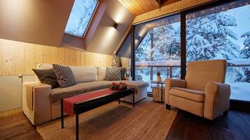 Una Smart TV, una chimenea, libros, una pantalla de ordenador