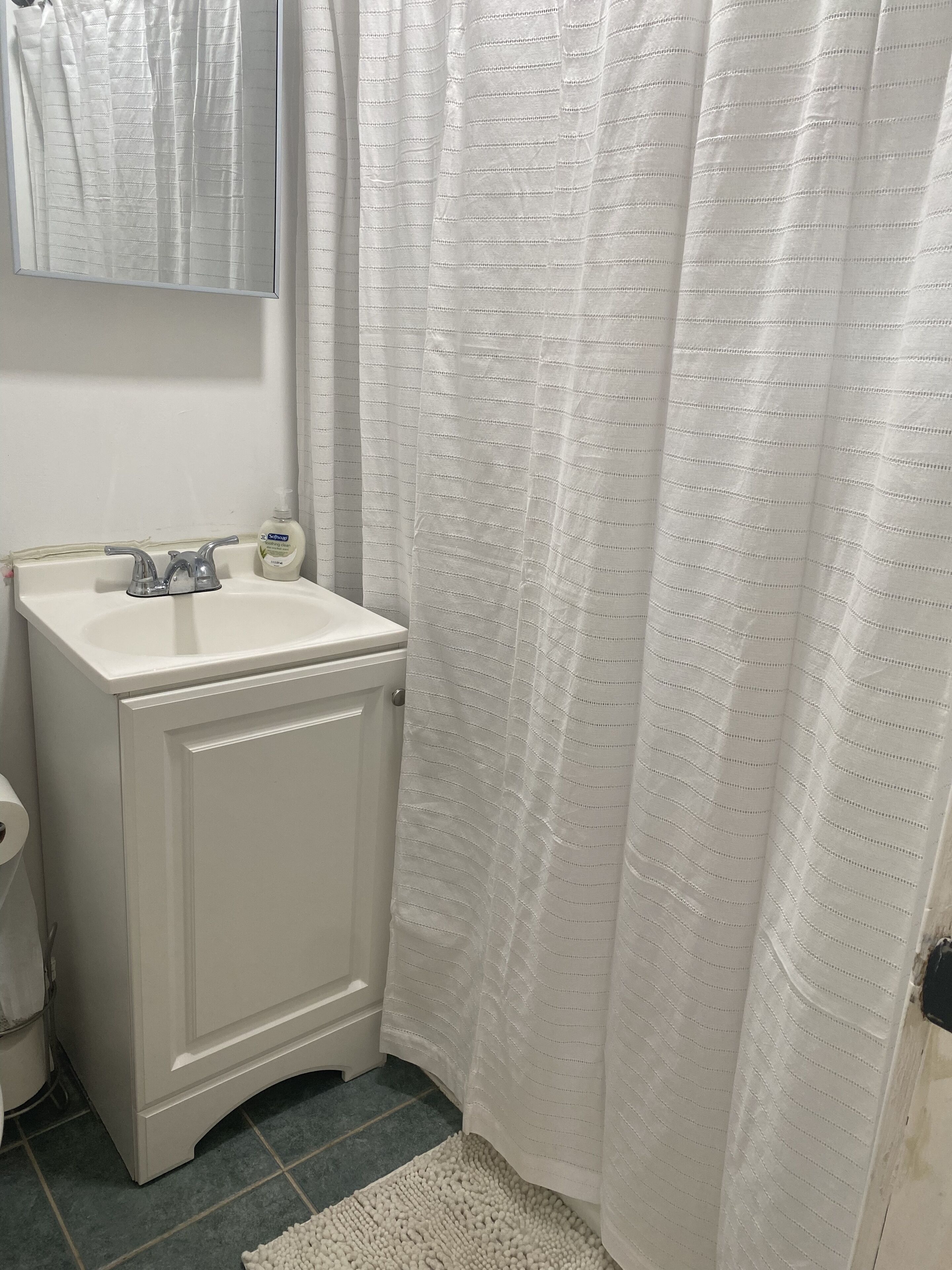 Bañera con ducha, toallas, jabón, papel higiénico