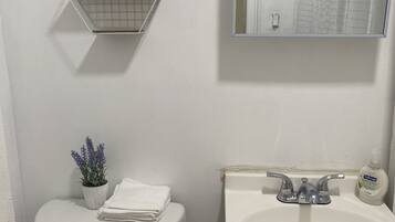 Duschwanne, Handtücher, Seife, Toilettenpapier