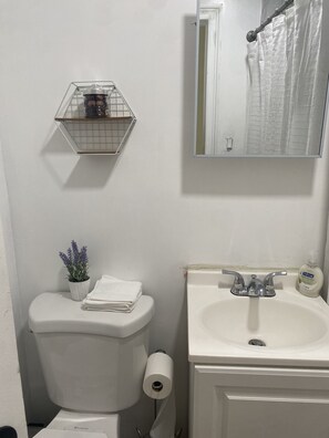 Kombination af bruser/badekar, håndklæder, Sæbe, Toiletpapir