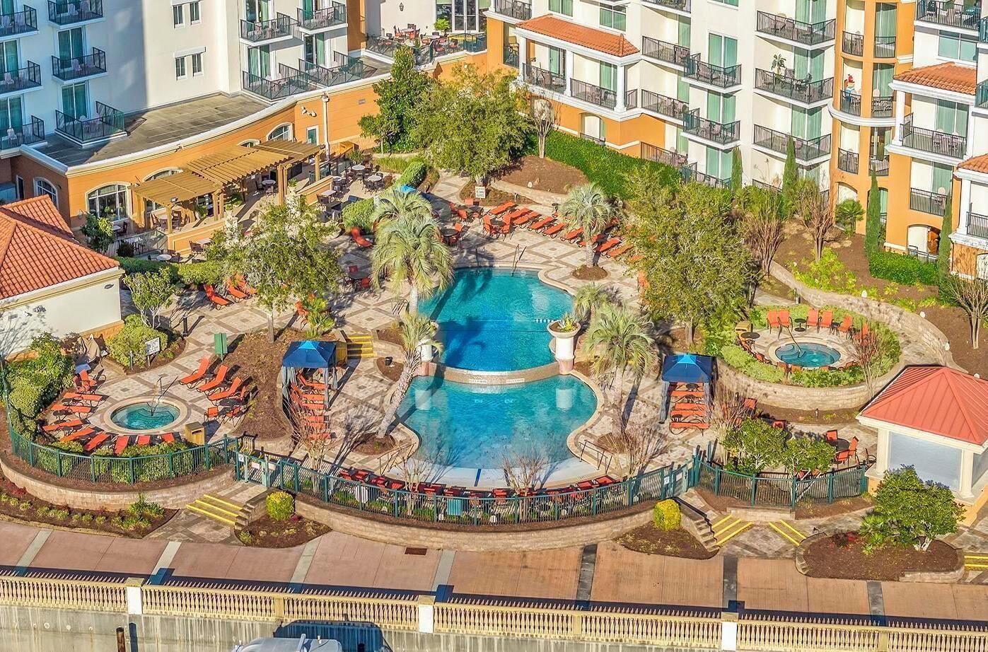 A heated pool, pool umbrellas
