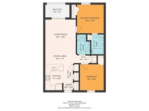 A floor plan of a house with a living room, dining area, kitchen, balcony, primary bedroom, bathroom, and hall.