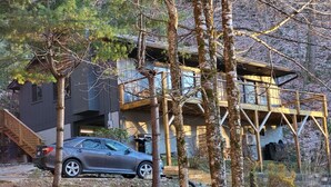 A modern house with a car parked in front, surrounded by trees.