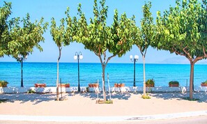 A seaside promenade with trees, benches, and street lamps.