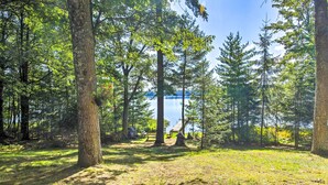 A forested area with a lake view, picnic tables, and a small wooden structure. - Outdoor Lover's Paradise w/ Dock & Fire Pit! (Woodruff)