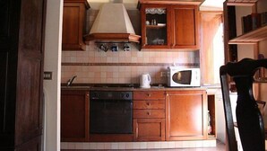 A compact kitchen with wooden cabinets, a stove, a microwave, and a sink. - Portico d'Ottavia, heart of ancient Rome (Roma)