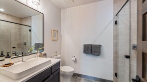 Bathtub, hair dryer, towels, soap