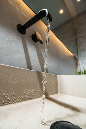 Shower, rainfall showerhead, designer toiletries, hair dryer