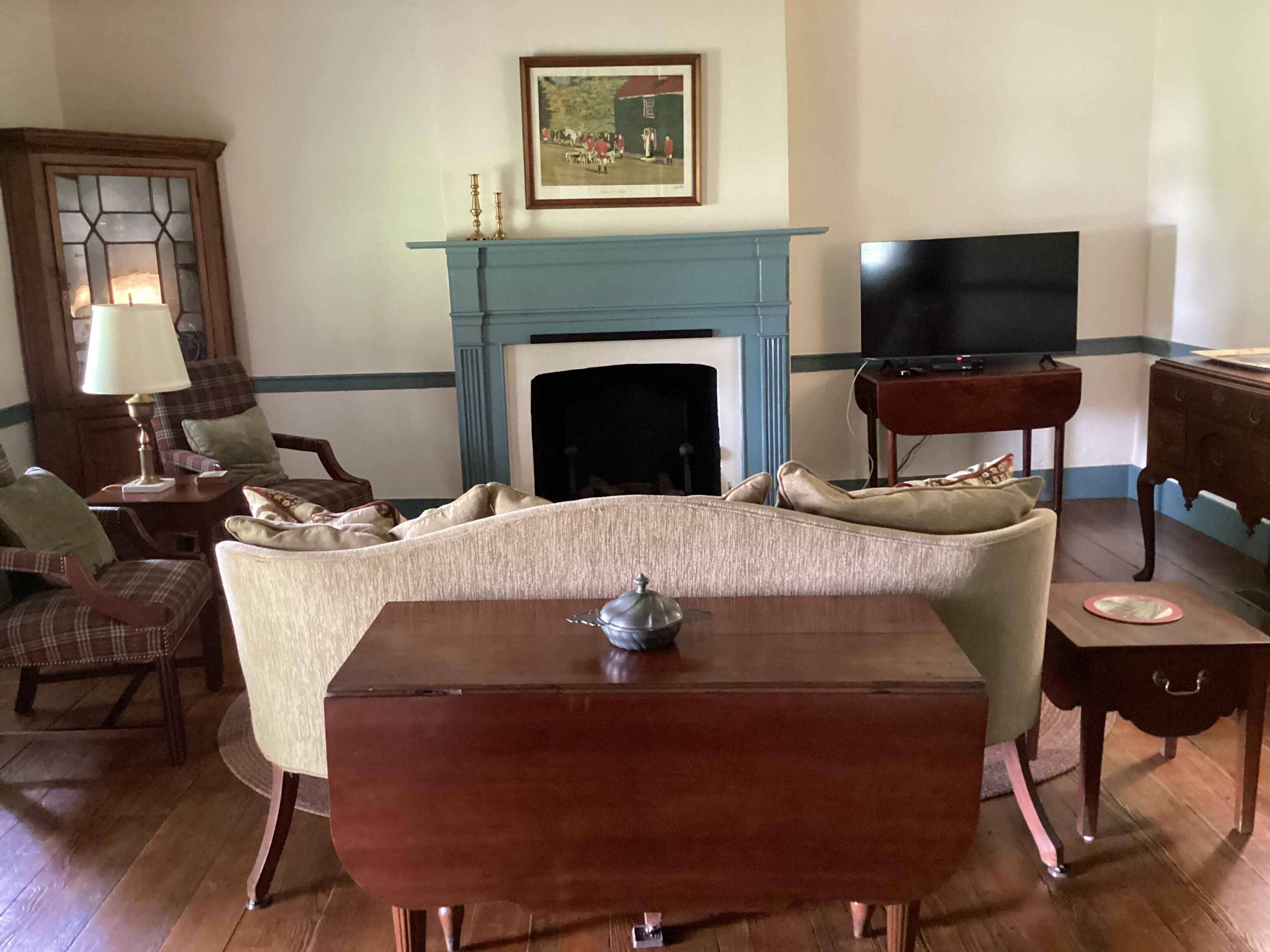 Smart TV, fireplace, DVD player, books