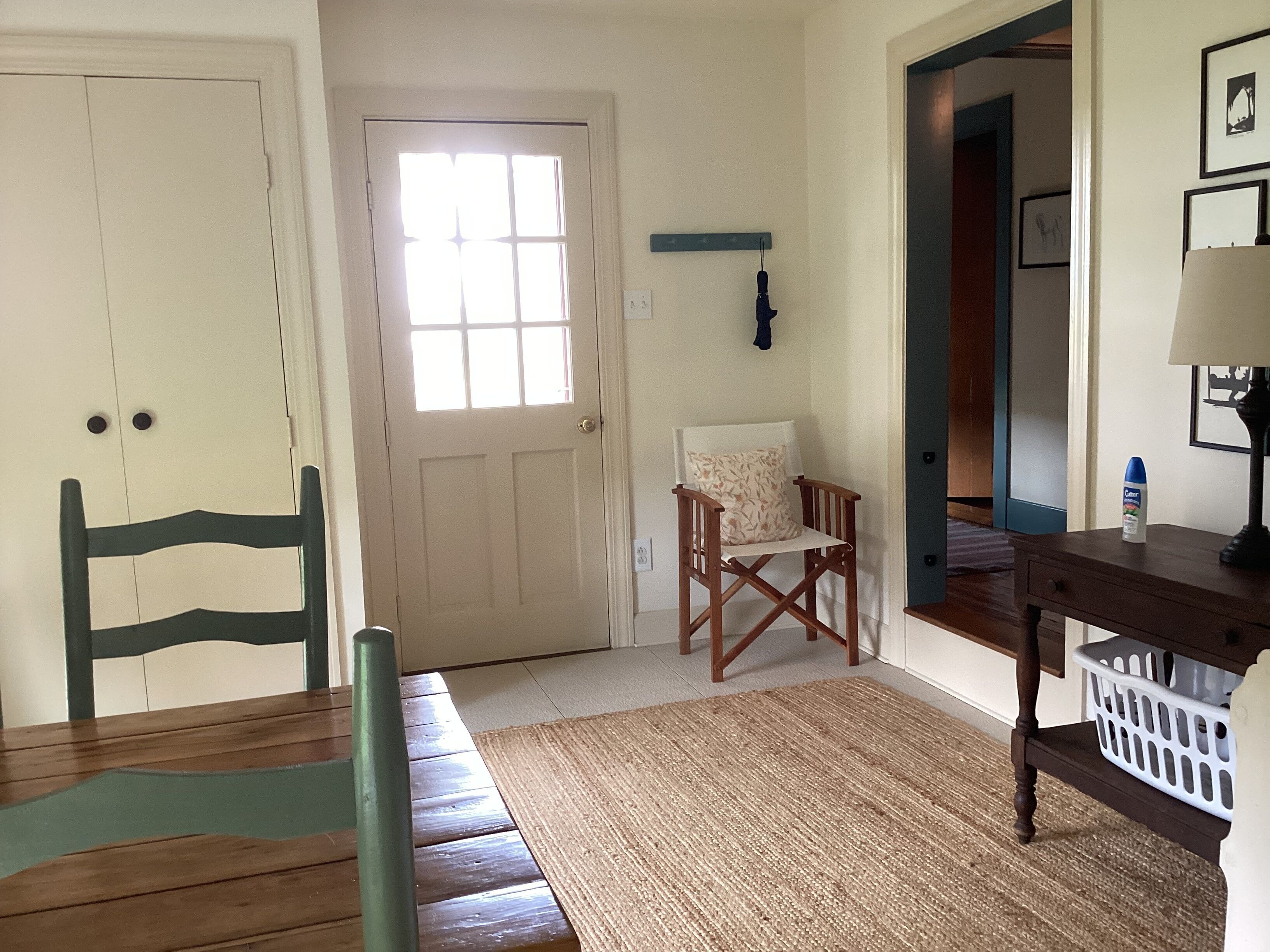 A room with a wooden dining table, a chair, a small rug, a desk with a lamp, and a door with a window.