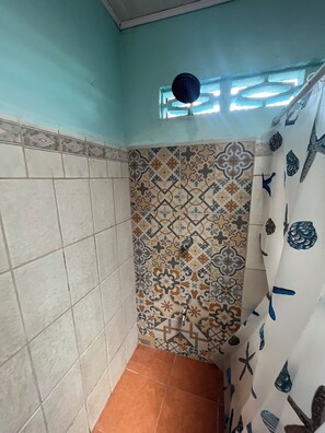Shower, towels, soap, toilet paper