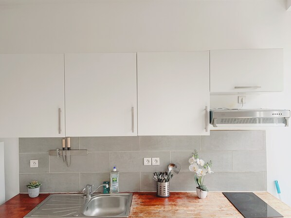 Fridge, microwave, stovetop, coffee/tea maker