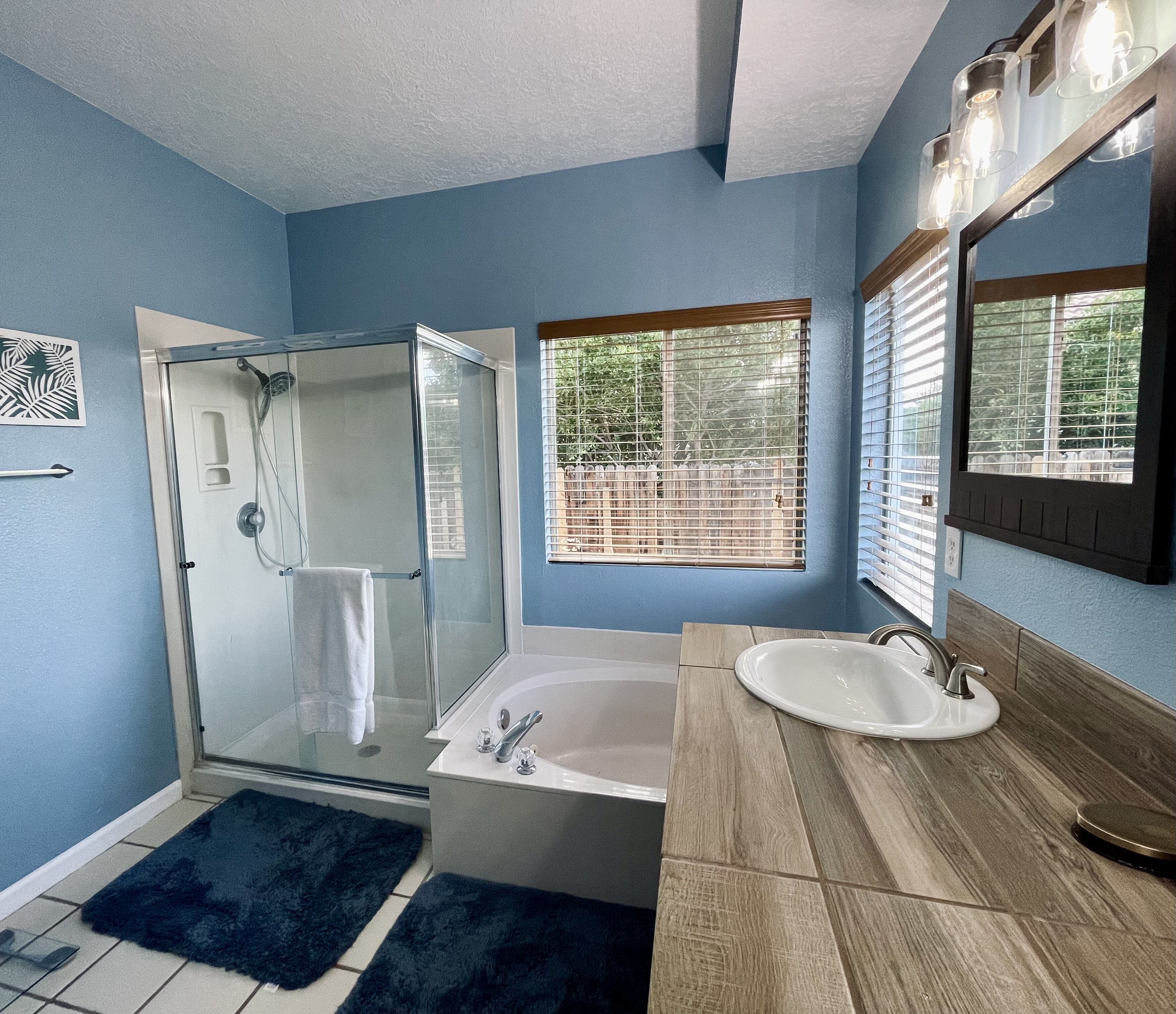 Combined shower/tub, jetted tub, hair dryer, towels