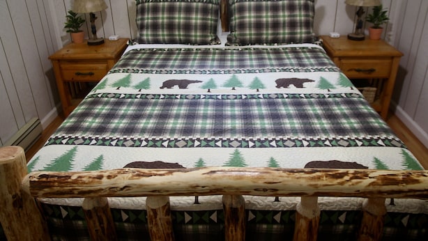 A bed with a plaid bedspread featuring a forest and bear design, flanked by two nightstands with lamps and potted plants. - Enjoy the Lower Catskills (Woodridge)