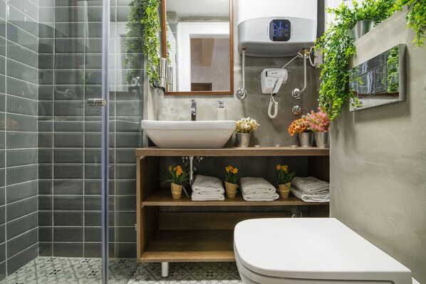 Hair dryer, towels, soap, shampoo