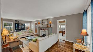 Una Smart TV, una chimenea, un reproductor de DVD, libros