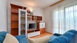 Ein Wohnzimmer mit Fernseher, Holzregalen und einem blauen Sofa.