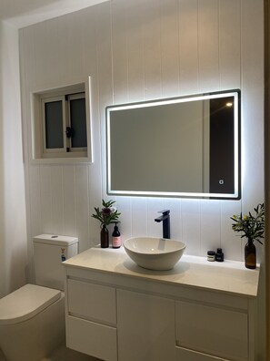 Combined shower/tub, towels, soap, shampoo