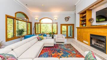 Smart TV, fireplace, DVD player, books