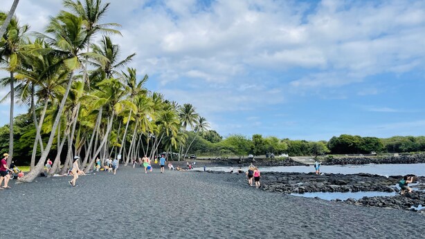 A beach with black sand, palm trees, and people. - Big Island Green Sands House (Naalehu)