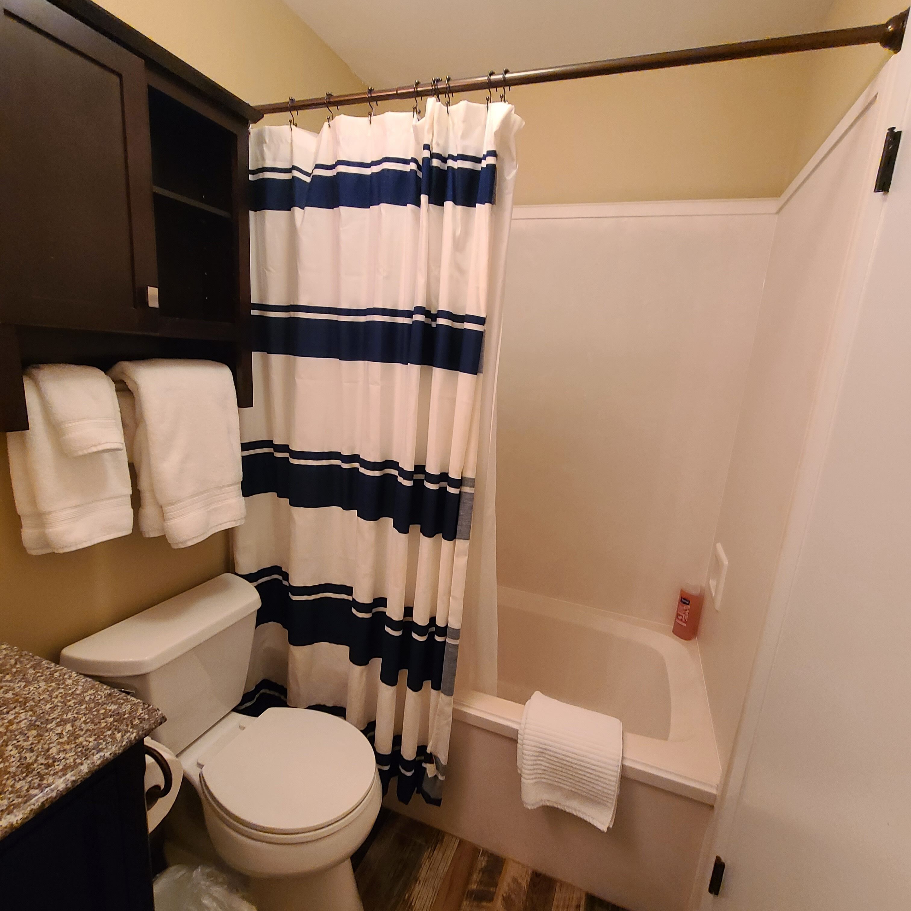 Une salle de bain équipée de toilettes, d’une baignoire et d’un rideau de douche.