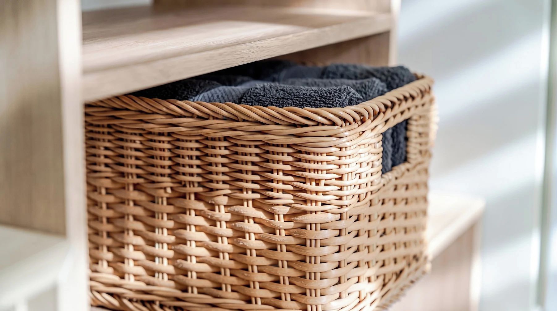 A wicker basket with a dark cloth inside, placed on a wooden shelf.