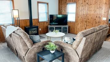 Smart TV, fireplace, books