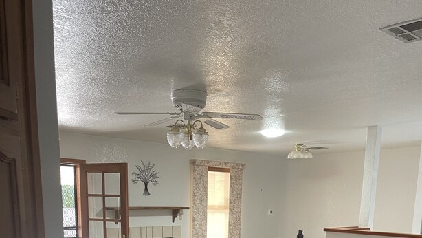Un salon avec un canapé gris, une table à manger avec des chaises, une cheminée et un ventilateur de plafond.
