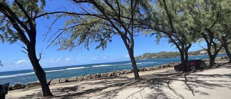 On the beach, sun-loungers, beach towels