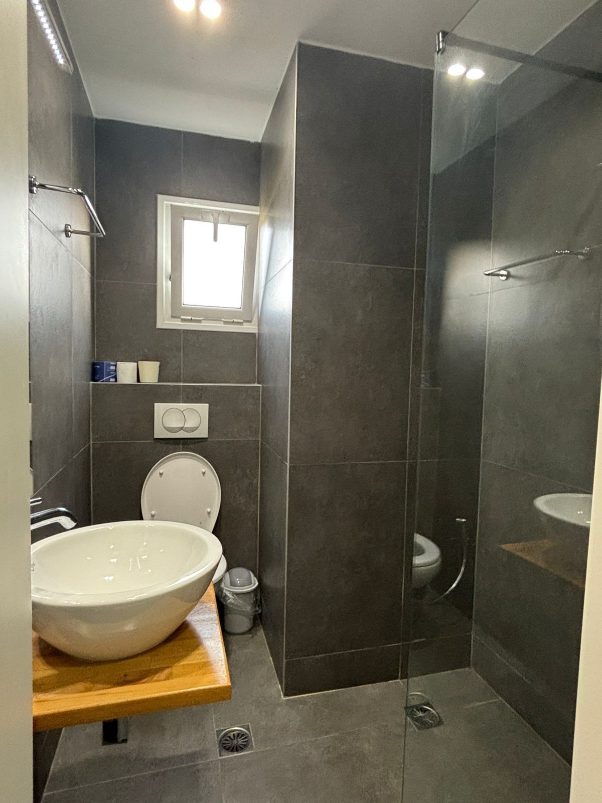 A modern bathroom with a large white sink, a toilet, and a glass-enclosed shower area.