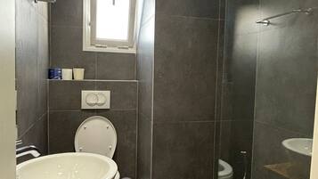 A modern bathroom with a large white sink, a toilet, and a glass-enclosed shower area.