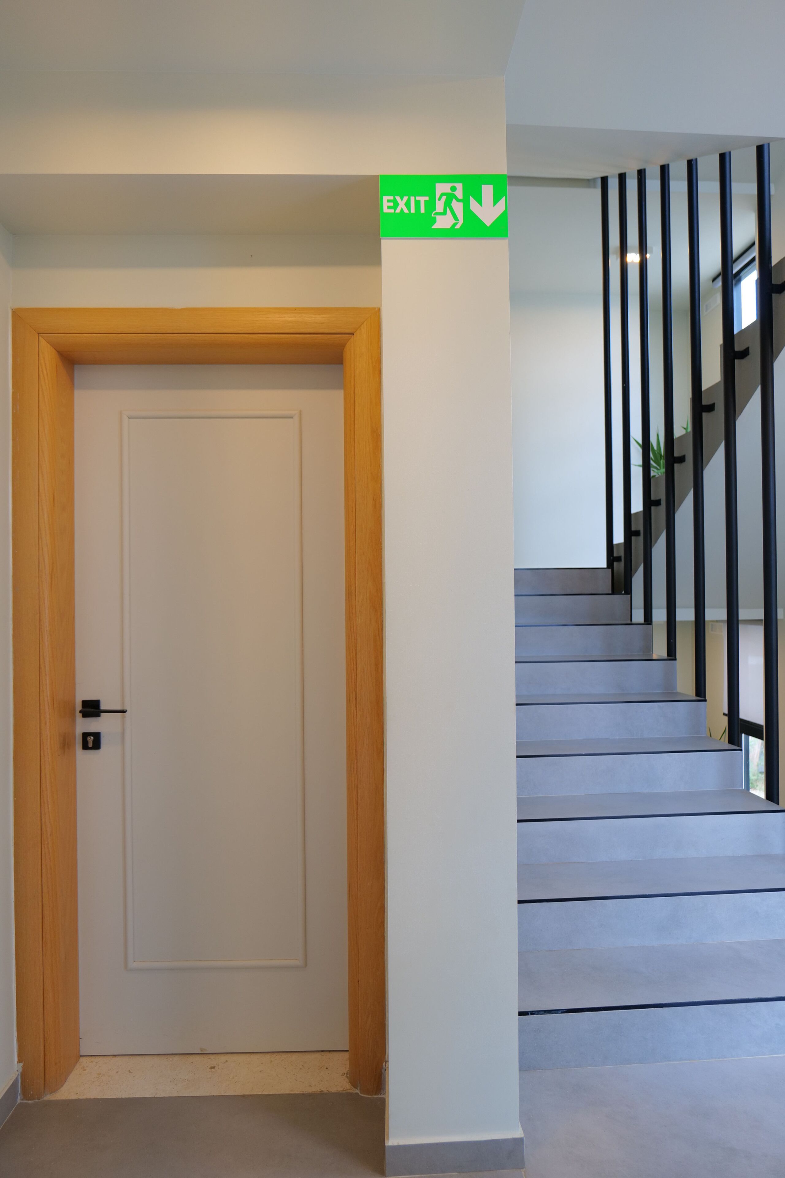 A staircase with a green exit sign, a wooden door, and a modern railing.