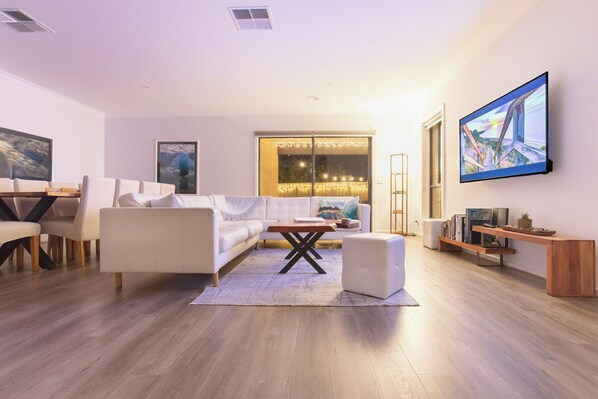 Smart TV, video games, DVD player, foosball