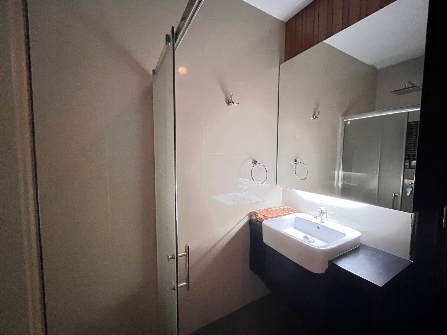 Une salle de bain moderne avec une douche à parois de verre, un lavabo blanc et un grand miroir.