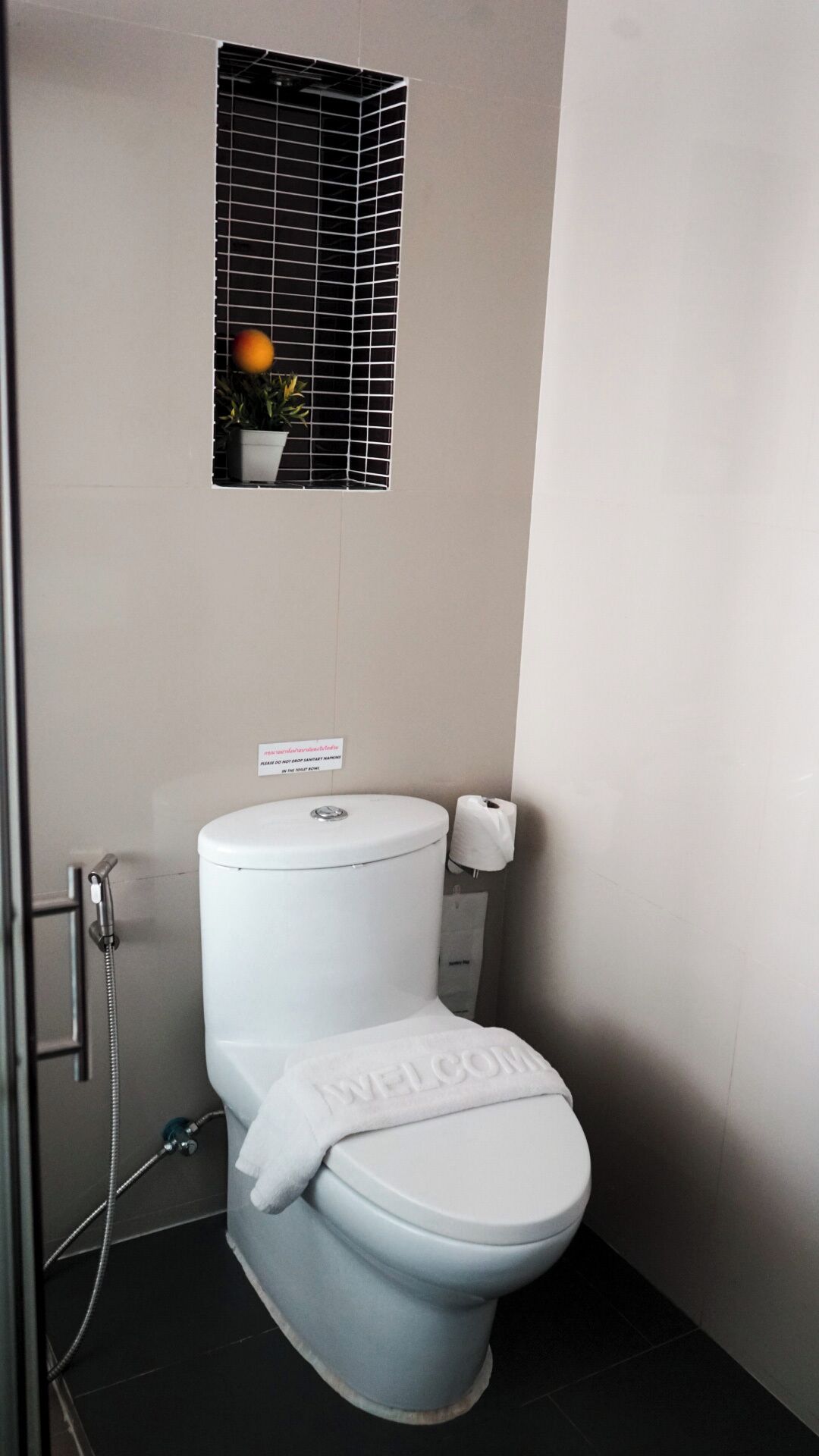 Een badkamer met toilet, douche en een klein raam met een plant.