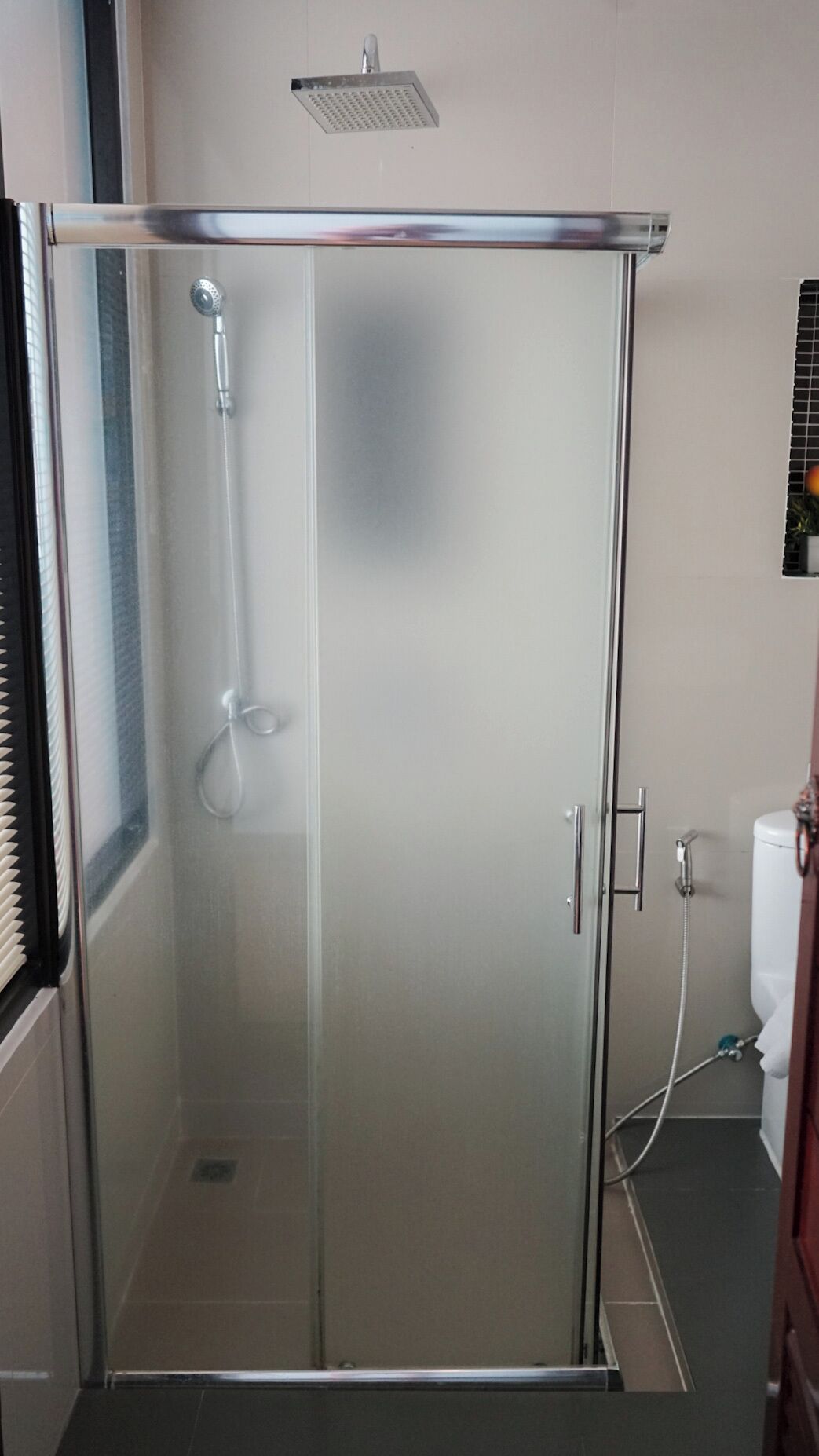 Un box de ducha moderno con puerta de cristal, un cabezal de ducha de mano y un cabezal de ducha fijo.
