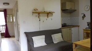 A compact living space with a grey sofa, a wooden shelf with decorative items, a kitchen area with a stove and cabinets, and a small wooden table.