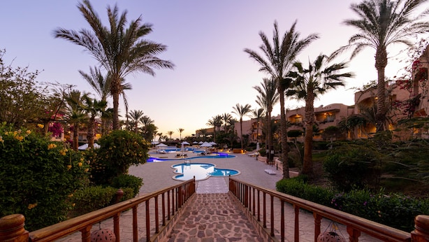 A stone staircase leading to a pool area with palm trees and a clear sky. - TH Blue Lagoon Marsa Alam (Marsa Alam)