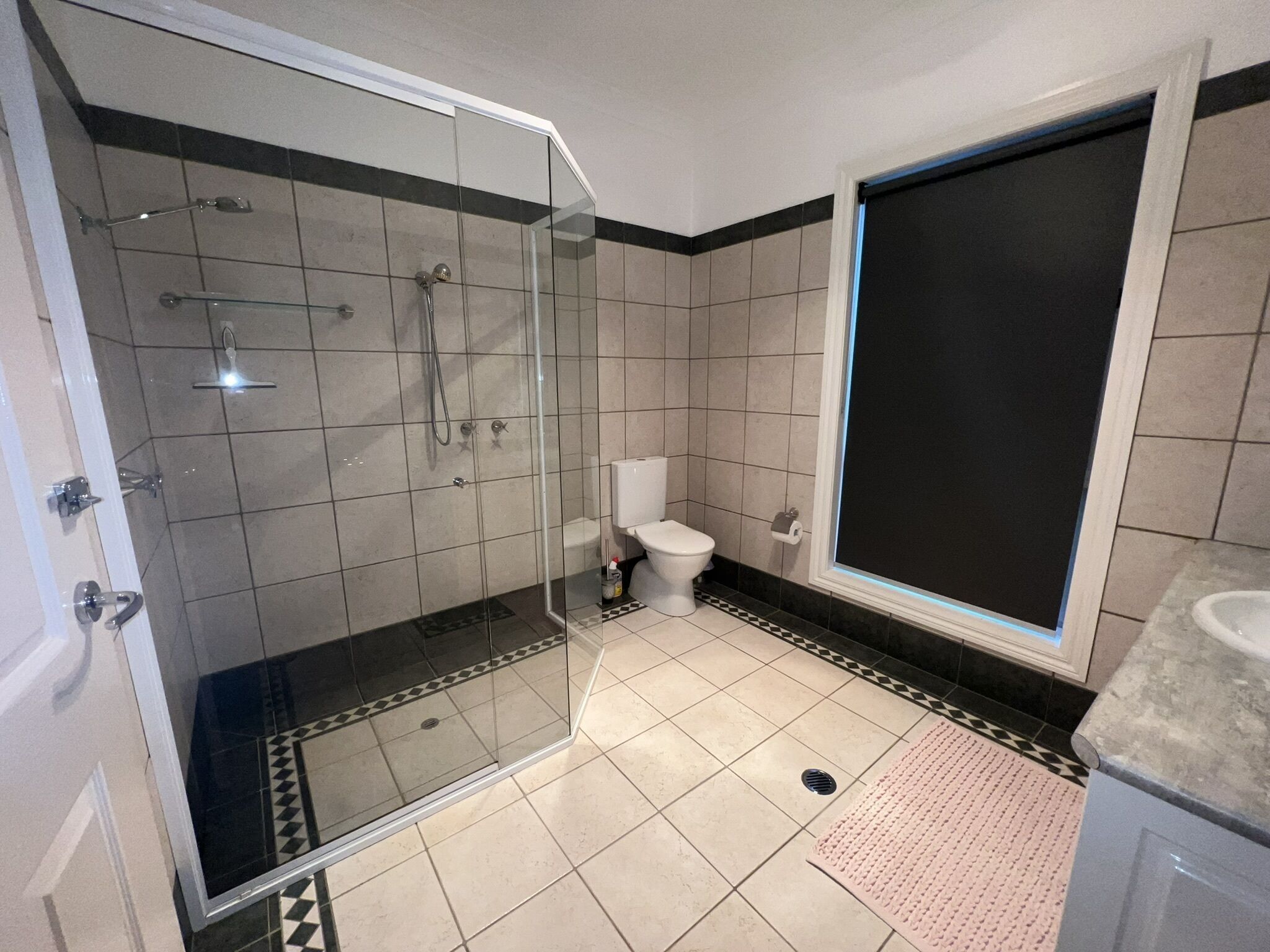A modern bathroom with a glass-enclosed shower, a toilet, and a sink.