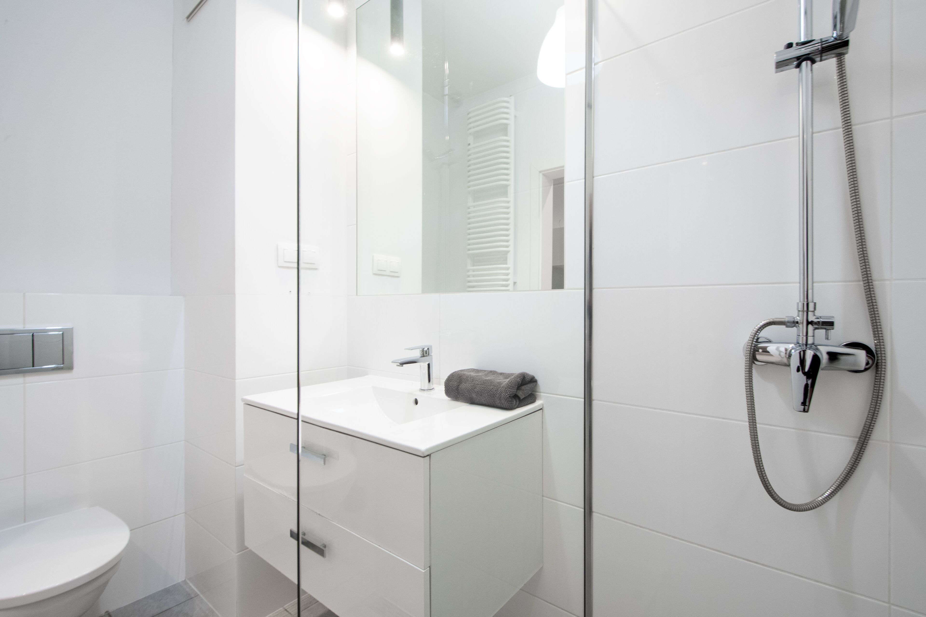 A modern bathroom with a glass shower enclosure, a white sink, and a toilet.