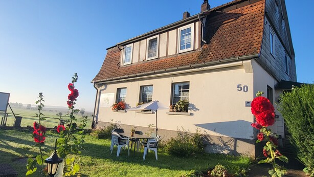 A two-story house with a number 50 sign, a garden with red flowers, and a table with chairs outside.