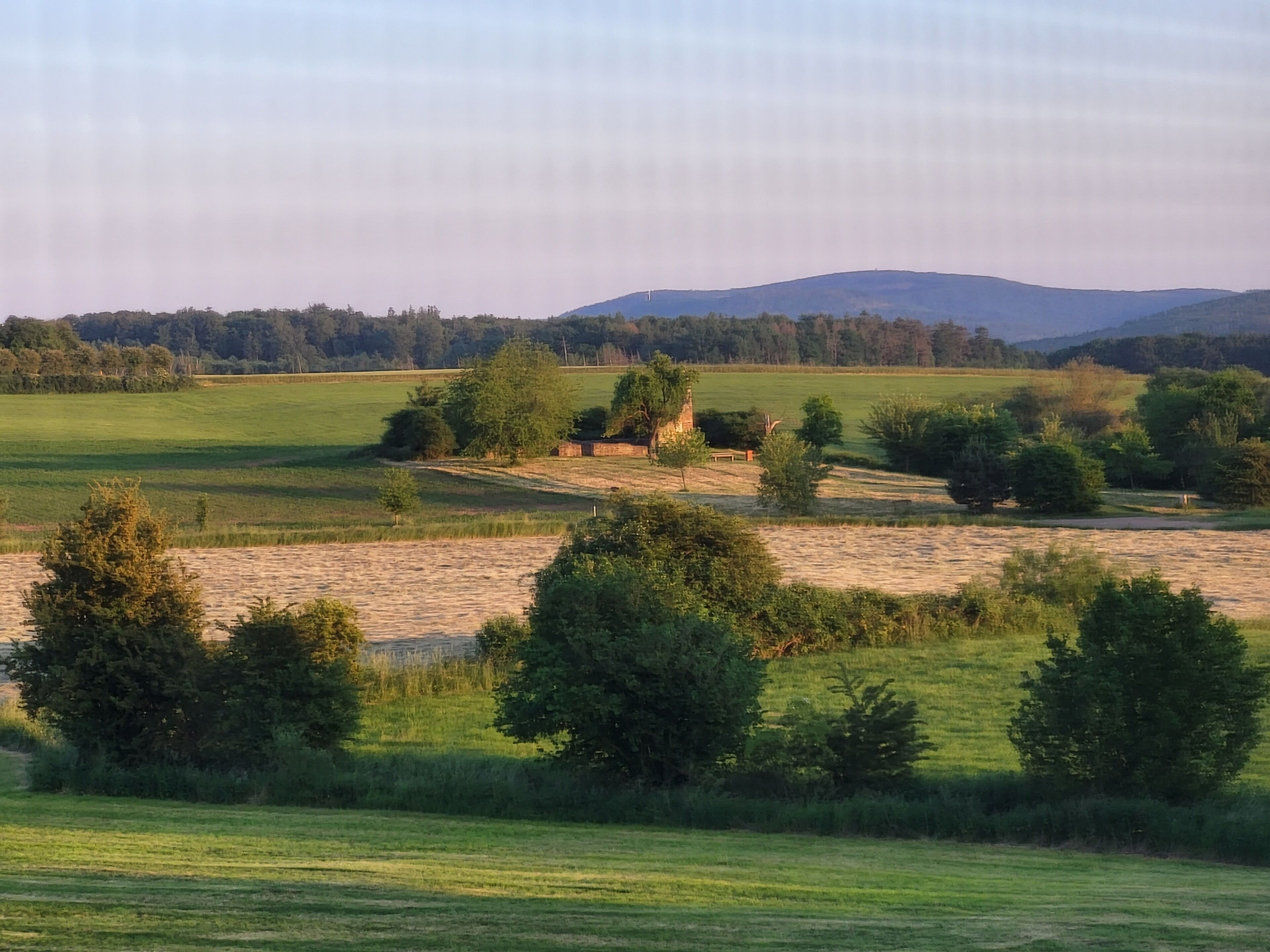 A rural landscape with open fields, scattered trees, and a distant mountain range.