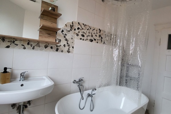 Combined shower/bathtub, hair dryer, towels, soap