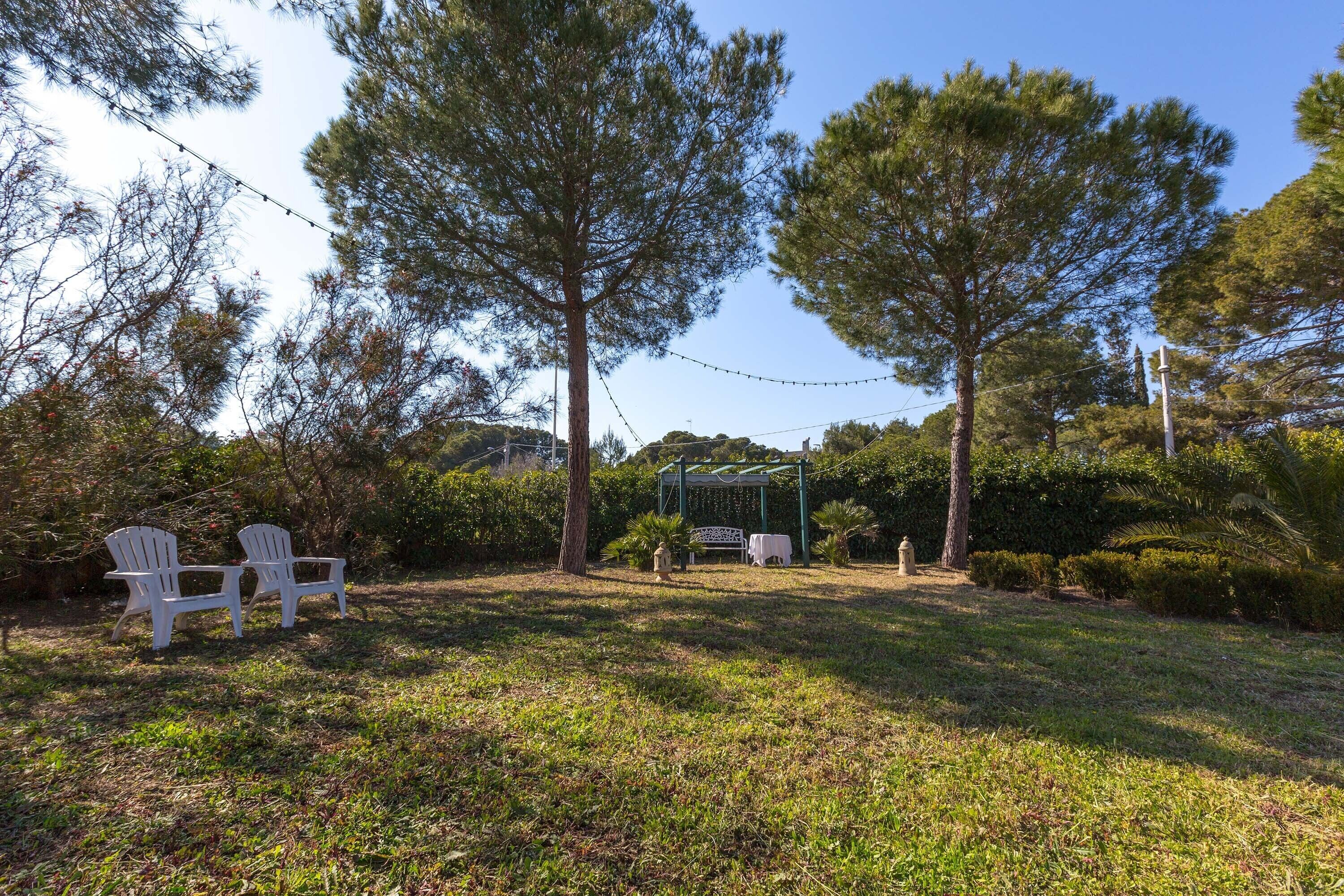 A garden with white chairs, a pergola, and string lights.